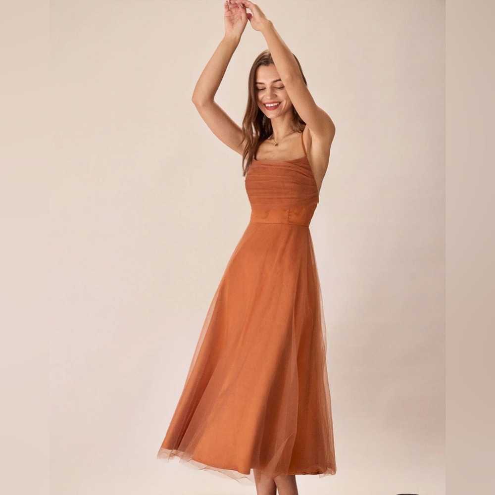 Rihoas Caramel Mesh Flowy Slip Midi Dress
